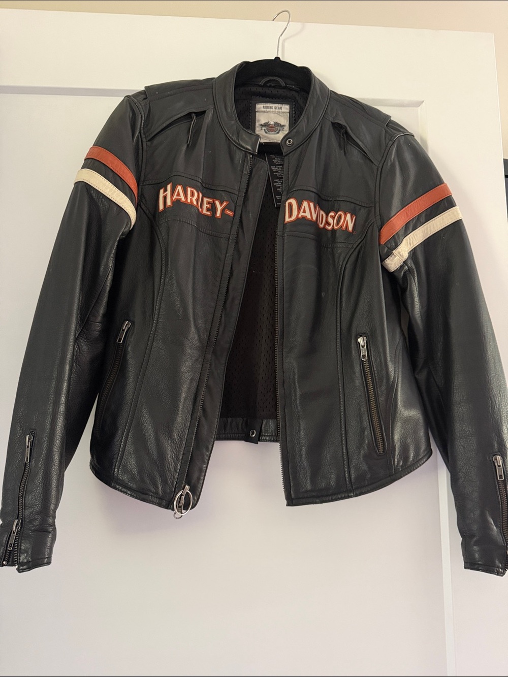 Harley-Davidson Black Leather Jacket with Orange and Cream Accents